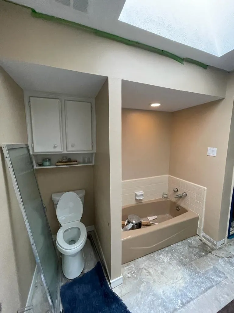 Bathroom before the remodel: old tub alcove and toilet, Dallas