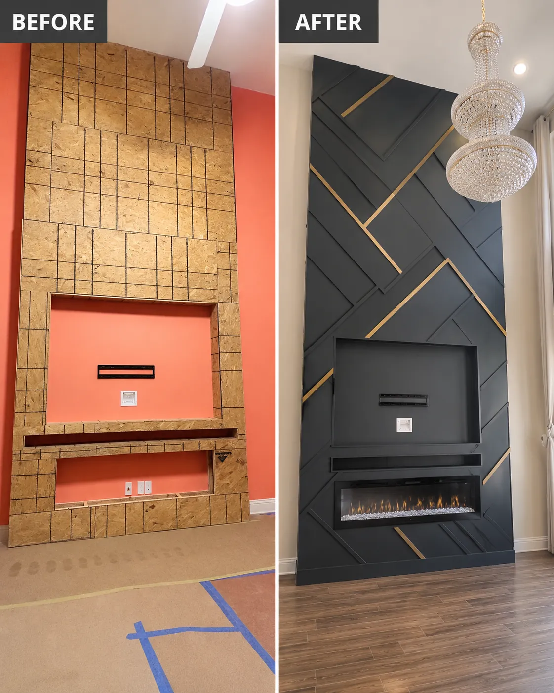 Fireplace wall before and after: black accent wall with gold lines and linear fireplace