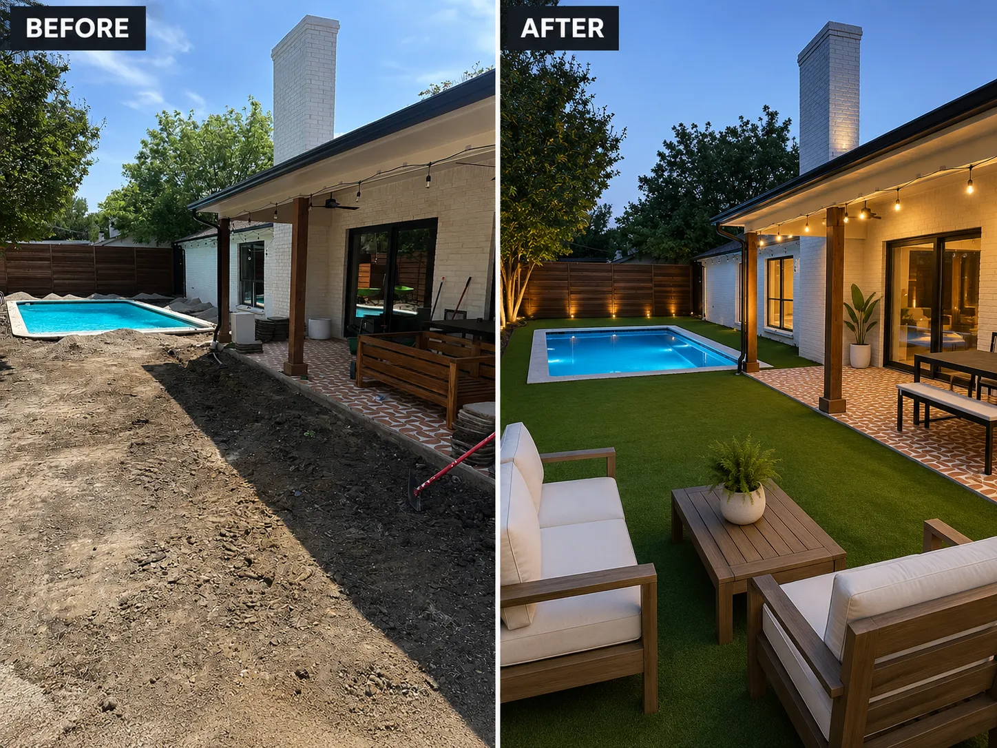 Backyard before and after: dirt yard turned into turf and patio beside the pool